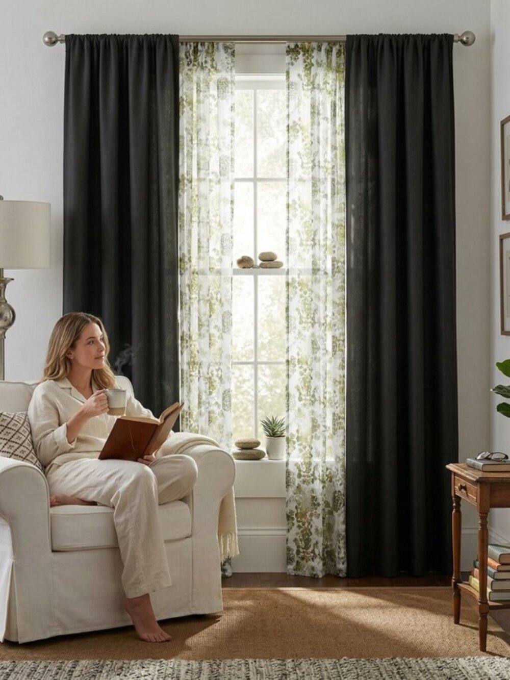 Marrakesh 4-Pack Rod Pocket Solid with Printed Voile Window Curtain Panels